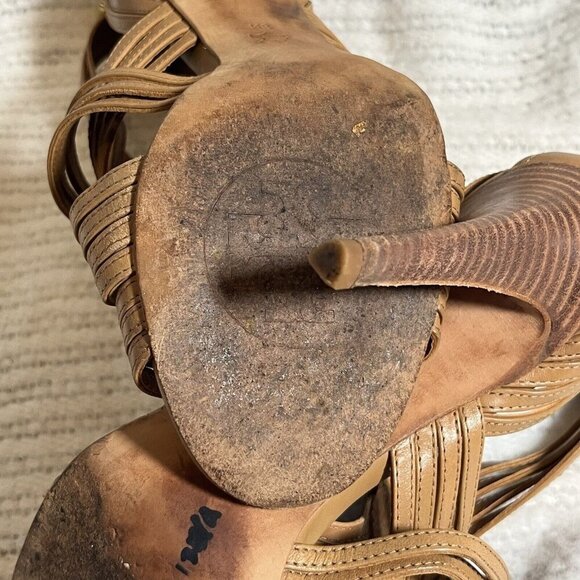 Tory Burch Liv Cage Gladiator Shoes Brown Leather Zipper Heels Open‎ Toe Size 8 - Picture 9 of 10